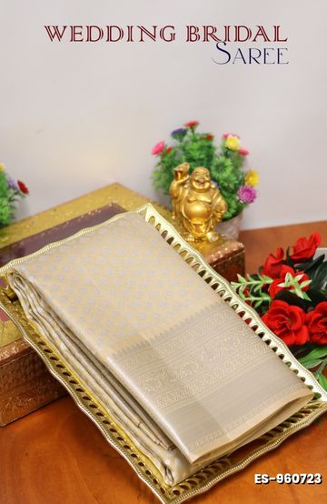 BRIDAL SILK GOLD SILVAR AND COPPER ZARI WEAVE AND WEDDING ART SILK SAREES - LIGHT SANDLE (5)