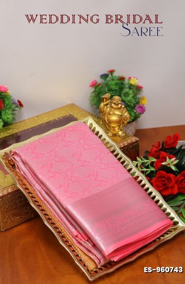 BRIDAL SILK GOLD SILVAR AND COPPER ZARI WEAVE AND WEDDING ART SILK SAREES - LIGHT PINK (8)