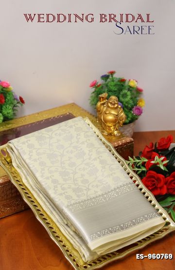 BRIDAL SILK GOLD SILVAR AND COPPER ZARI WEAVE AND WEDDING ART SILK SAREES - BEIGE COLOUR (7)