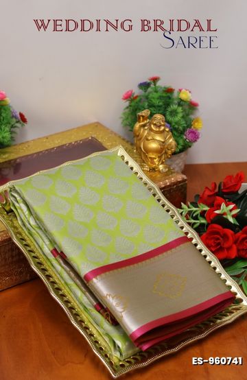 BRIDAL SILK GOLD SILVAR AND COPPER ZARI WEAVE AND WEDDING ART SILK SAREES - LIGHT GREEN (2)