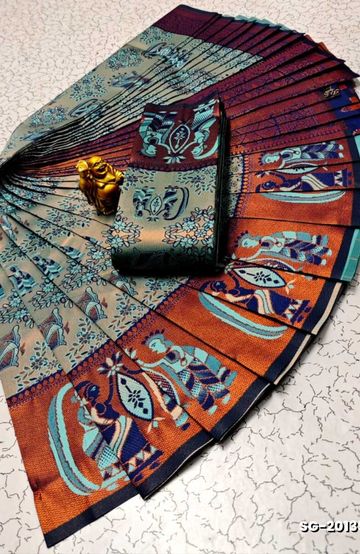 Premium Meena work Soft Silk Saree weddings, festivals, traditional Wear - BULE