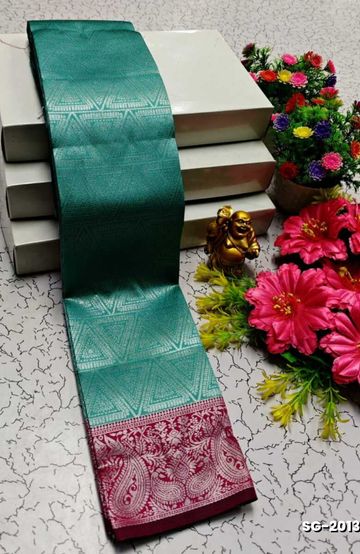 BRIDAL SILK GOLD SILVAR AND COPPER ZARI WEAVE AND WEDDING ART SILK SAREES - SKY BLUE