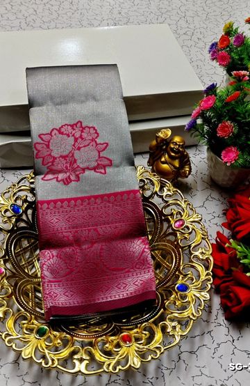 Elegant Floral Dola Silk Saree with Zari Border - BABY PINK (1)