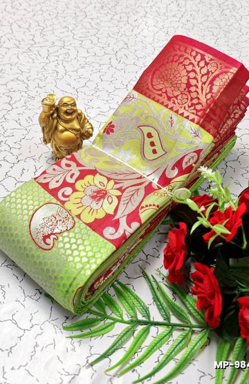 Elegant Floral Dola Silk Saree with Zari Border - MULTI COLOR