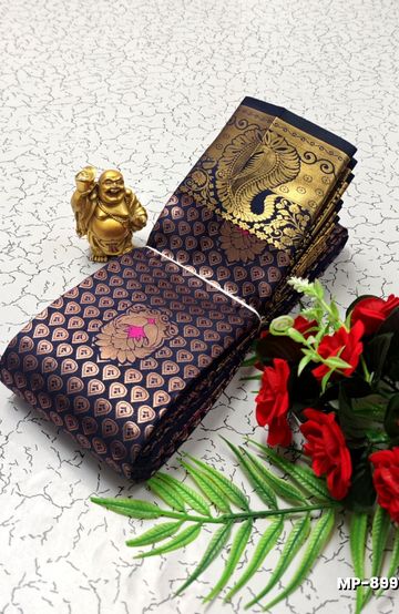 BRIDAL SILK GOLD SILVAR AND COPPER ZARI WEAVE AND WEDDING ART SILK SUBA MUHURTHA PATTU SAREES - NAVY COLOUR (3)