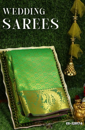 BRIDAL SILK GOLD SILVAR AND COPPER ZARI WEAVE AND WEDDING ART SILK SAREES - LIGHT GREEN SHADE (1)