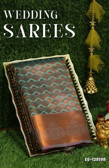 BRIDAL SILK GOLD SILVAR AND COPPER ZARI WEAVE AND WEDDING ART SILK SAREES - LIGHT PEACH (3)