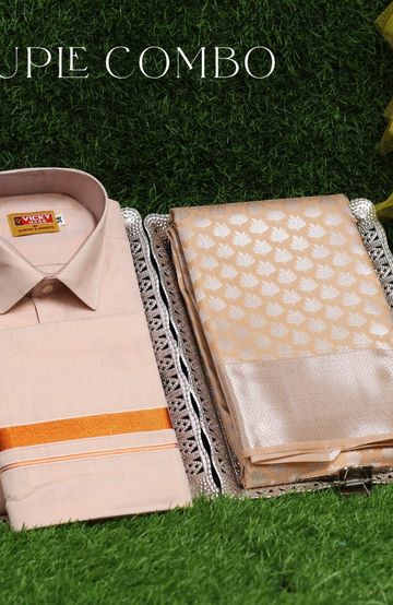 Elegant Tissue Dhoti Shirt & Saree Couple Combo coordinated look for special occasions - PEACH COLOUR (1)