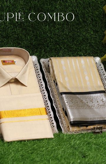 Elegant Tissue Dhoti Shirt & Saree Couple Combo coordinated look for special occasions - CREAM (1)