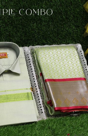 Elegant Tissue Dhoti Shirt & Saree Couple Combo coordinated look for special occasions - LIGHT GREEN (2)