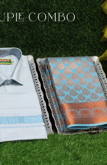 Elegant Tissue Dhoti Shirt & Saree Couple Combo coordinated look for special occasions - LIGHT SKY BLUE (2)