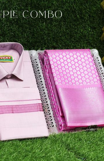 Elegant Tissue Dhoti Shirt & Saree Couple Combo coordinated look for special occasions - BABY PINK (2)