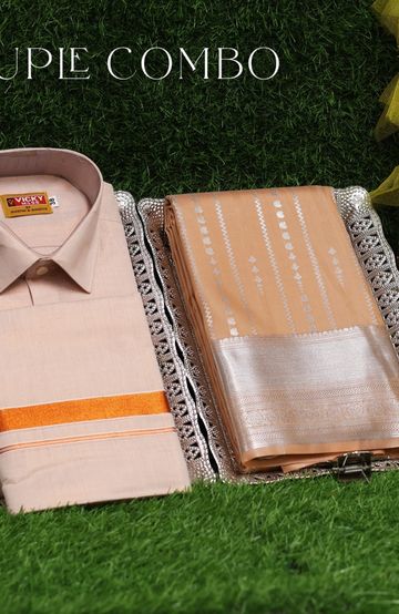 Elegant Tissue Dhoti Shirt & Saree Couple Combo coordinated look for special occasions - PEACH COLOUR (2)