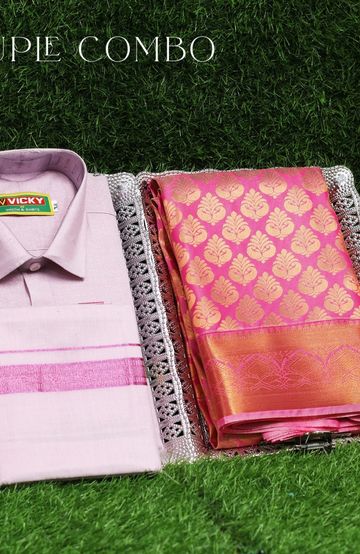 Elegant Tissue Dhoti Shirt & Saree Couple Combo coordinated look for special occasions - BABY PINK (3)