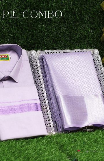 Elegant Tissue Dhoti Shirt & Saree Couple Combo coordinated look for special occasions - LEVENDOR (11)