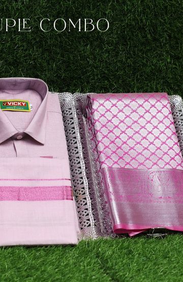 Elegant Tissue Dhoti Shirt & Saree Couple Combo coordinated look for special occasions - BABY PINK (11)