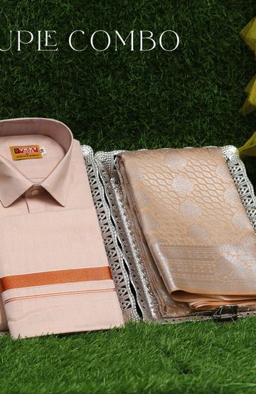 Elegant Tissue Dhoti Shirt & Saree Couple Combo coordinated look for special occasions - LIGHT SANDLE (9)