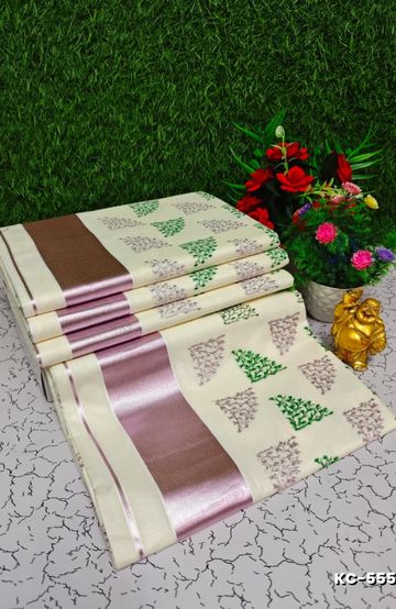 Trending Kerala Onam Special Kasavu Saree Full Work Embossed Digital Printing Cotton Saree Collections - IVORY COLOUR (1)