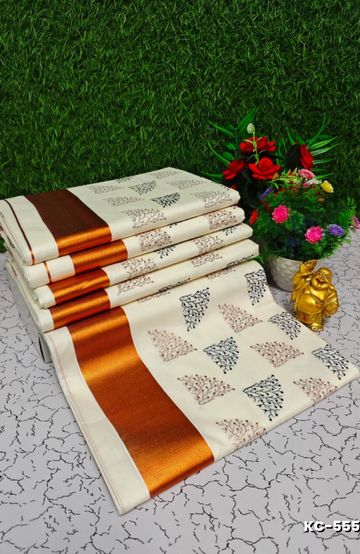 Trending Kerala Onam Special Kasavu Saree Full Work Embossed Digital Printing Cotton Saree Collections - WHITE N