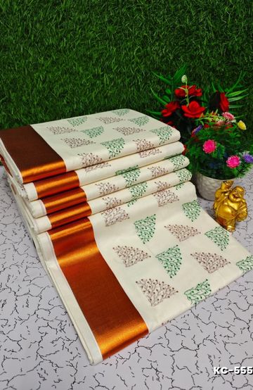 Trending Kerala Onam Special Kasavu Saree Full Work Embossed Digital Printing Cotton Saree Collections - WHITE (1)