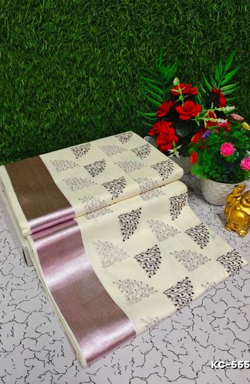 Trending Kerala Onam Special Kasavu Saree Full Work Embossed Digital Printing Cotton Saree Collections - BEIGE COLOUR (1)