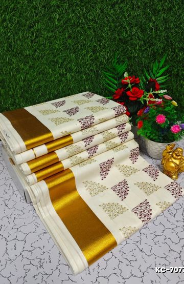 Trending Kerala Onam Special Kasavu Saree Full Work Embossed Digital Printing Cotton Saree Collections - IVORY COLOUR (2)