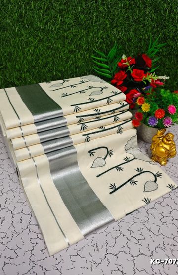 Trending Kerala Onam Special Kasavu Saree Full Work Embossed Digital Printing Cotton Saree Collections - WHITE (2)
