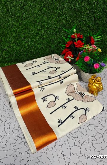 Trending Kerala Onam Special Kasavu Saree Full Work Embossed Digital Printing Cotton Saree Collections - BEIGE COLOUR (2)