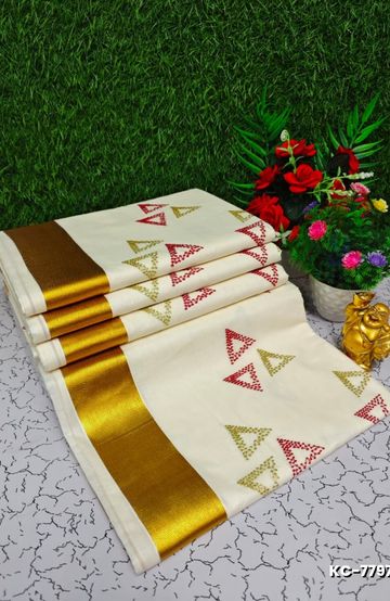 Trending kerala onam special kasavu saree full work embossed digital printing cotton saree collections - IVORY COLOUR (7)