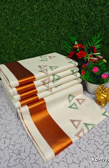 Trending kerala onam special kasavu saree full work embossed digital printing cotton saree collections - WHITE N (6)