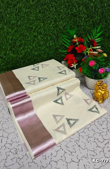 Trending kerala onam special kasavu saree full work embossed digital printing cotton saree collections - WHITE (7)