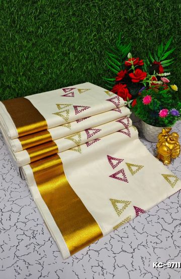 Trending kerala onam special kasavu saree full work embossed digital printing cotton saree collections - WHITE N (7)