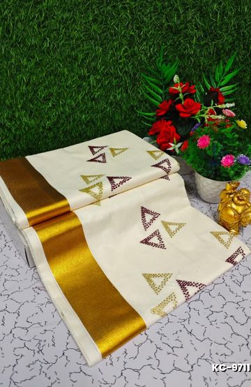 Trending kerala onam special kasavu saree full work embossed digital printing cotton saree collections - WHITE (8)