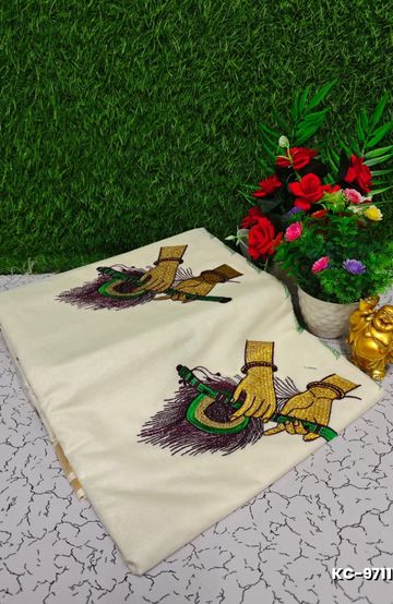 Trending kerala onam special kasavu saree full work embossed digital printing cotton saree collections - IVORY COLOUR (8)