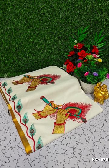 Trending kerala onam special kasavu saree full work embossed digital printing cotton saree collections - BEIGE COLOUR (8)