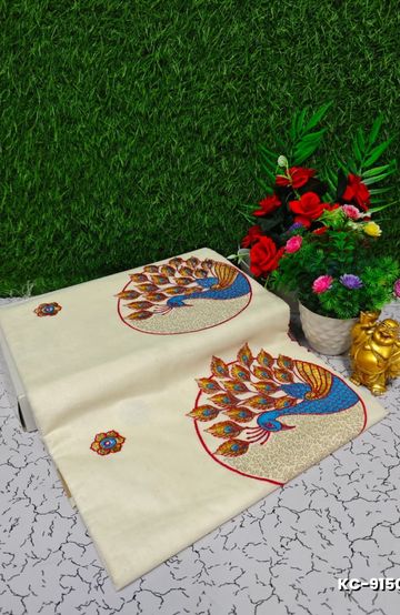 Trending kerala onam special kasavu saree full work embossed digital printing cotton saree collections - WHITE N (9)