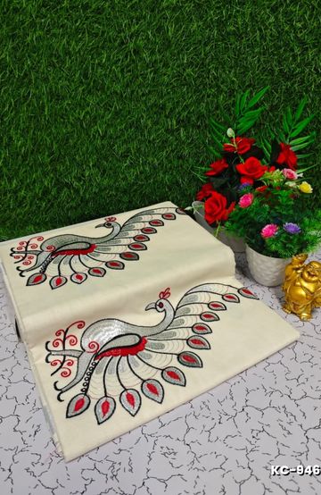 Luxurious heavy work blouse fabric with floral goldwork jaal border - PEACOCK GREEN