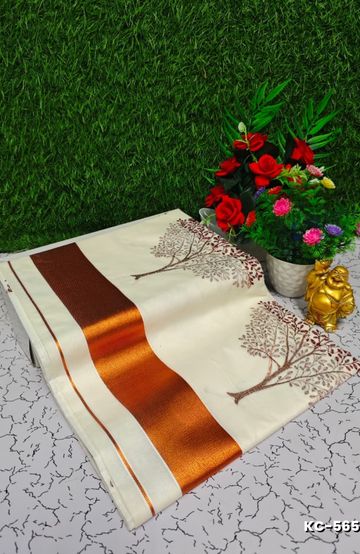 Trending kerala onam special kasavu saree full work embossed digital printing cotton saree collections - IVORY COLOUR (18)