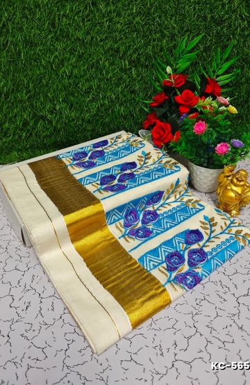 Trending kerala onam special kasavu saree full work embossed digital printing cotton saree collections - BEIGE COLOUR (18)