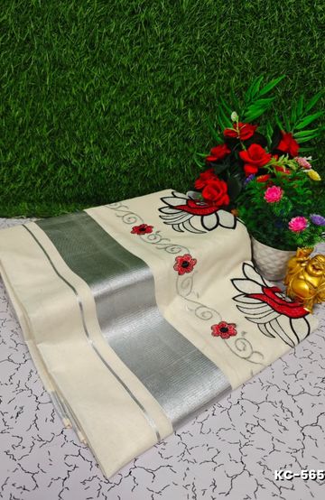 Trending kerala onam special kasavu saree full work embossed digital printing cotton saree collections - WHITE N (17)