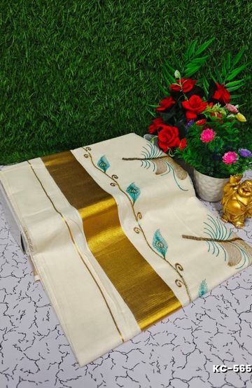 Trending kerala onam special kasavu saree full work embossed digital printing cotton saree collections - WHITE (18)