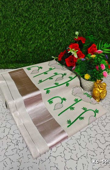 Handloom Khadi Cotton Saree With Hand Painted  Work - PARET GREEN