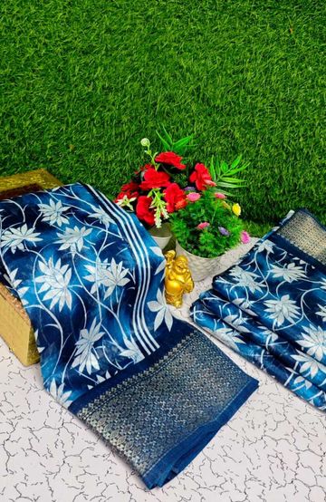 Fancy print office wear cotton sarees all over body Leaf Kodi Pattern design premium look lightweight comfortable wear - BLUE COLOUR