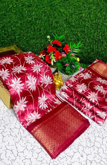 Fancy print office wear cotton sarees all over body Leaf Kodi Pattern design premium look lightweight comfortable wear - TOMATO COLOUR