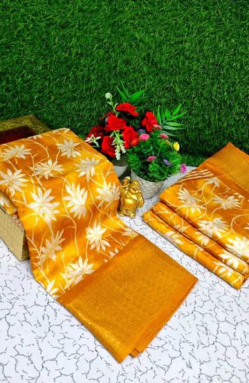 Fancy print office wear cotton sarees all over body Leaf Kodi Pattern design premium look lightweight comfortable wear - YELLOW COLOR