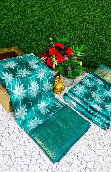 Fancy print office wear cotton sarees all over body Leaf Kodi Pattern design premium look lightweight comfortable wear - NORMAL GREEN