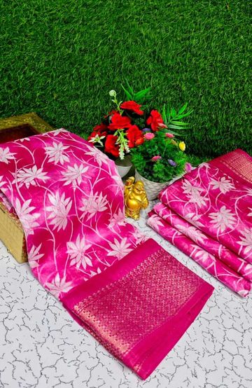 Fancy print office wear cotton sarees all over body Leaf Kodi Pattern design premium look lightweight comfortable wear - DARK PINK