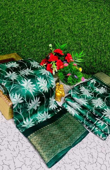 Fancy print office wear cotton sarees all over body Leaf Kodi Pattern design premium look lightweight comfortable wear - GREEN