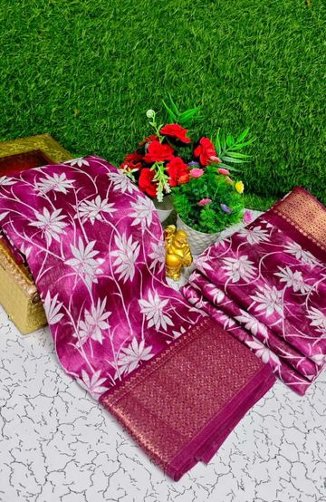 Fancy print office wear cotton sarees all over body Leaf Kodi Pattern design premium look lightweight comfortable wear - WINE COLOUR
