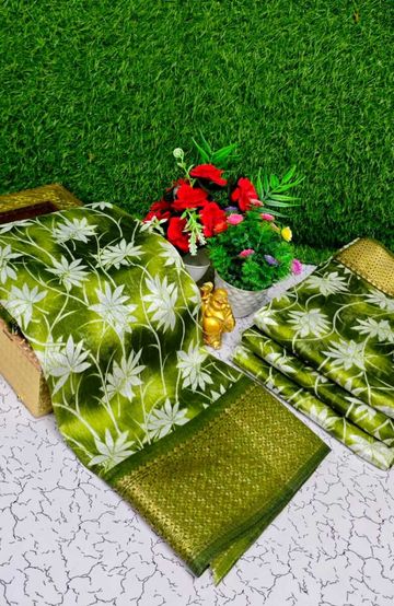 Fancy print office wear cotton sarees all over body Leaf Kodi Pattern design premium look lightweight comfortable wear - OLIVE GREEN